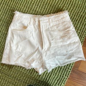 NEVER WORN WHITE JEAN SHORTS, cute frilling on the top and bottom